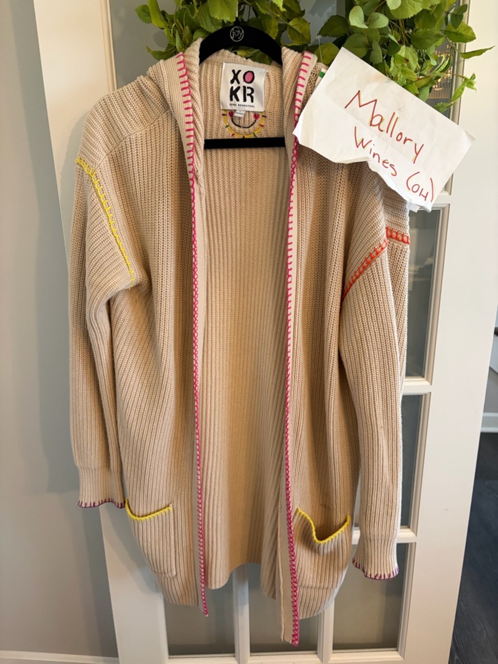 Cream Hooded Ribbed Cardigan with Pink & Yellow Trim